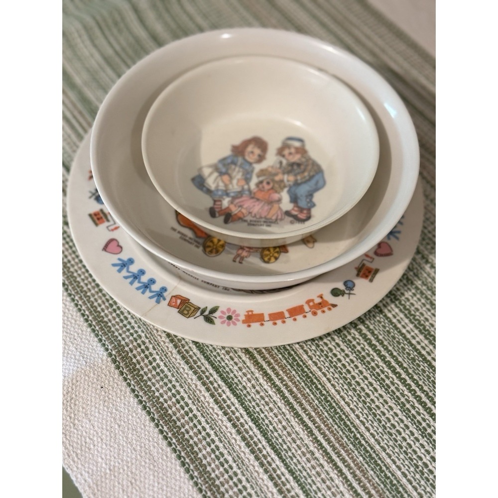 Vintage 1969 Oneida Deluxe Raggedy Ann & Andy Melamine 3pc Plate & Bowl Set